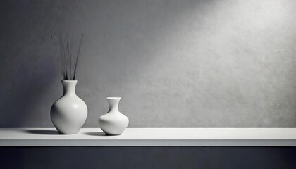 Universal minimalistic background for product presentation. White empty shelf on a light gray wall