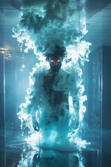 Muscular figure of a man enveloped in smoke floating.