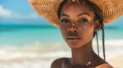 A beautiful dark-skinned woman in a straw hat against the backdrop of a sandy beach.