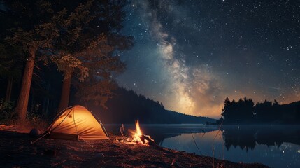 A small tent is set up next to a lake at night. The sky is filled with stars and the fire is lit. The scene is peaceful and serene