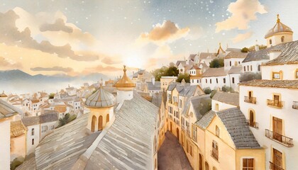 cute fairytale city lovely old houses decor for a children room watercolor background horizontal...