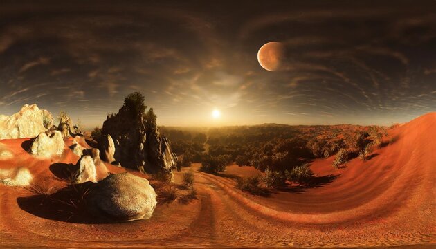 360 degree panorama of phobos with the red planet mars in the background environment hdri map equirectangular projection spherical panorama 3d rendering