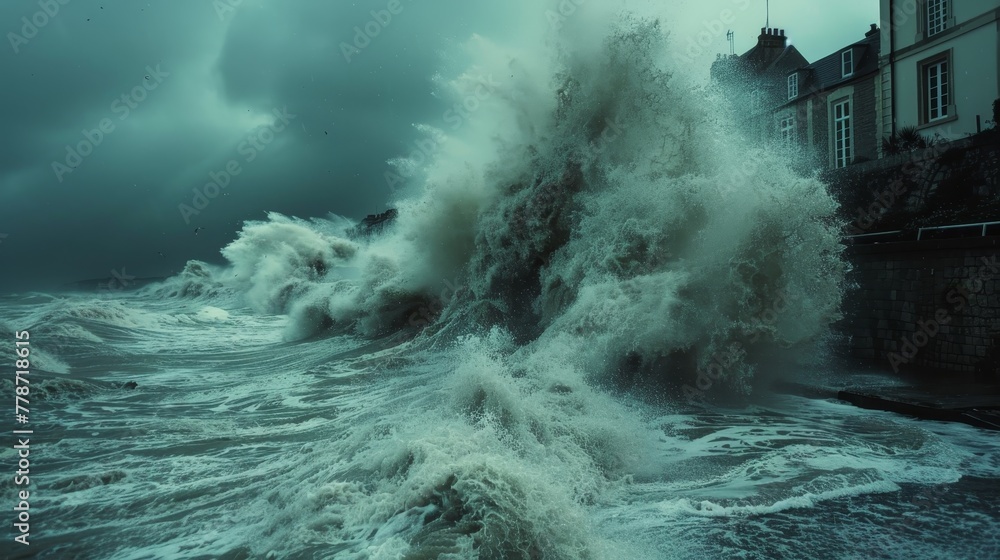 Poster a large wave is crashing into a wall. scene is intense and powerful. the idea is that the ocean is s