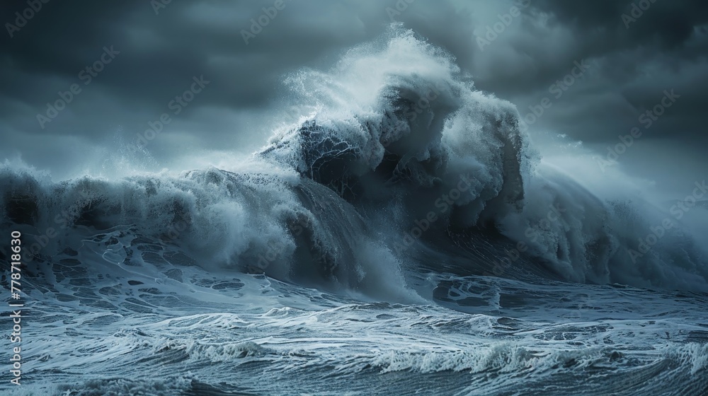 Poster a large wave is crashing into the shore, creating a powerful and dramatic scene. the dark clouds in 