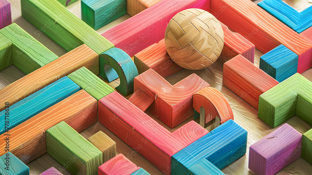 Poster a colorful wooden block maze with rounded corners and various shapes