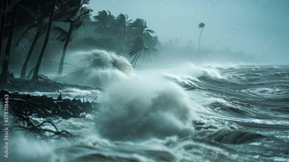 Poster the ocean is rough and the waves are high. the sky is cloudy and the trees are swaying in the wind