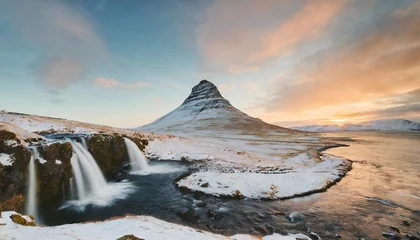 Cercles muraux Kirkjufell kirkjufell mountains in winter fantastic winter scenery wonderful view on kirkjufell mountain with northern light iceland incredible nature landscape of iceland famous travel destination