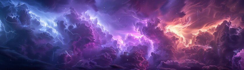 Stormy skies filled with purple thunder and flashes of glowing light - obrazy, fototapety, plakaty
