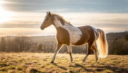 overo patterned horse walking in pasture in the spring with brown and white coloring