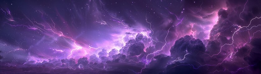 Stormy skies filled with purple thunder and flashes of glowing light