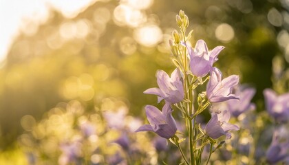 beautiful purple campanula blossoms growing towards the sunlight with green dreamy bokeh background and copy space