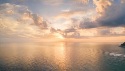 aerial panoramic view of sunset over ocean colorful sky clouds water beautiful serene scene wide angle seascape drone view majestic stunning nature background best sea sky sunrise inspire views