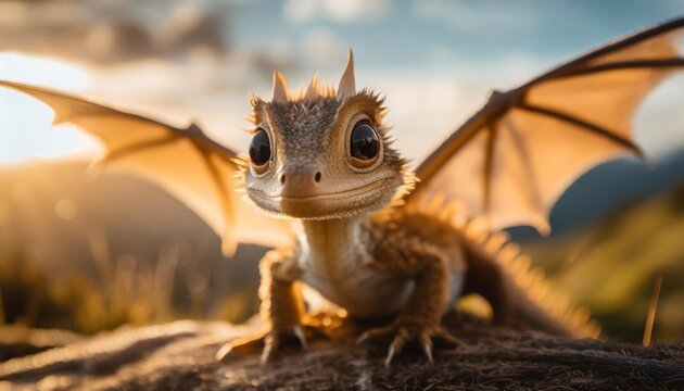 super cute brown little baby dragon with big eyes and wings generative ai
