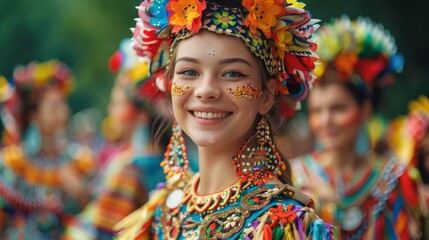 A woman wearing a colorful headdress and a necklace is smiling. She is surrounded by other people in colorful clothing - obrazy, fototapety, plakaty
