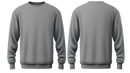 Set of grey gray front and back view tee sweatshirt sweater long sleeve on transparent background. Mockup template for artwork - obrazy, fototapety, plakaty
