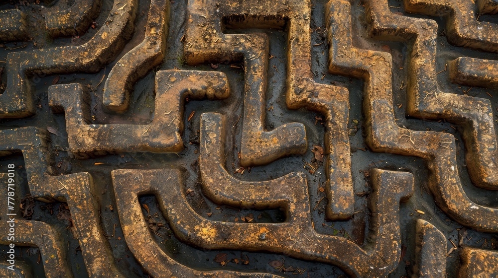 Poster a maze made of stone with a lot of curves and lines. the maze is very old and has a lot of rust on i