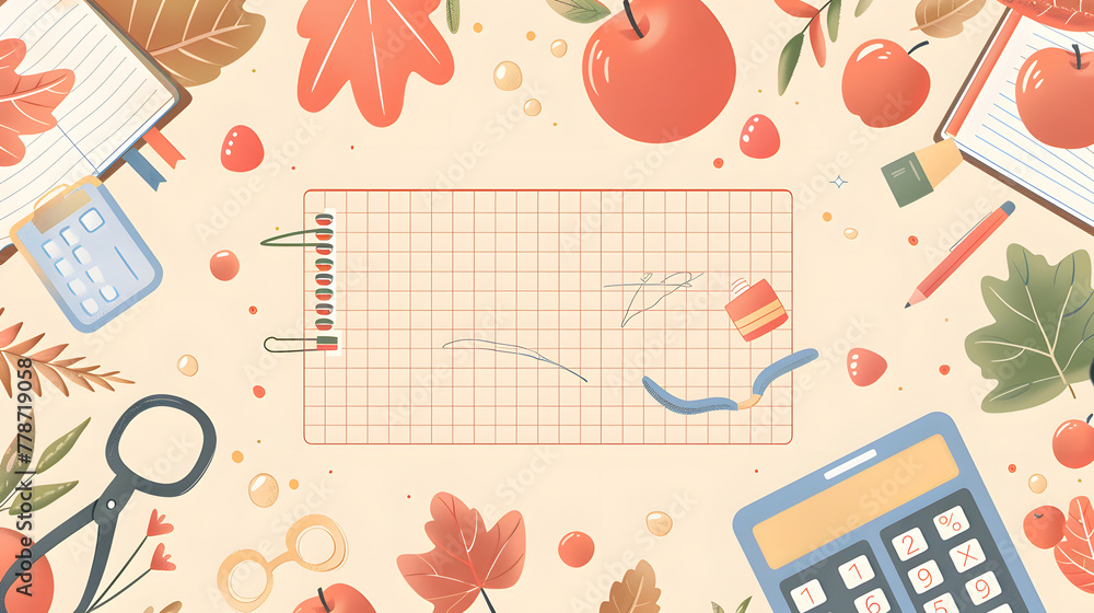 Poster a cute flat cartoon vector setting with study tools, grid pattern in the core of the picture