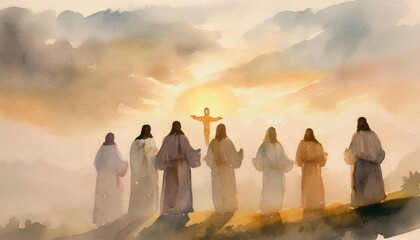 a watercolor depiction of jesus ascension witnessed by silhouetted figures in warm tones - obrazy, fototapety, plakaty