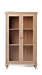 3D rendering of a wooden cabinet with glass doors and shelves