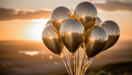 a bunch of balloons with gold and black on them generative ai