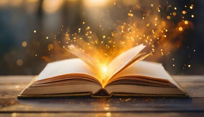 mystical open book with fiery sparks and smoky swirls evoking a sense of wonder and the magical...