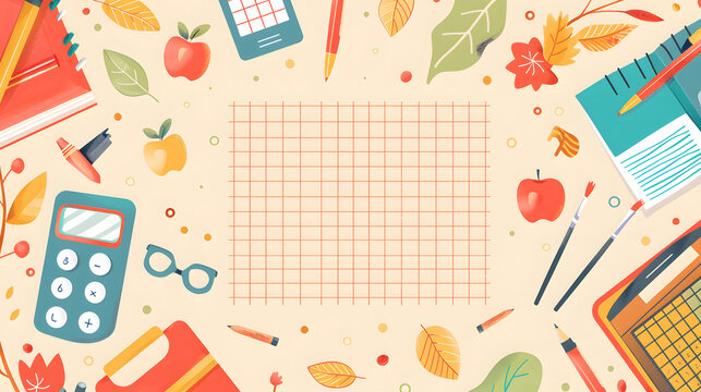 A cute flat cartoon vector background with school supplies, grid pattern in the core of the picture

