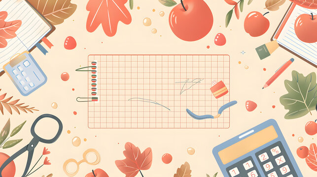 A cute flat cartoon vector setting with study tools, grid pattern in the core of the picture

