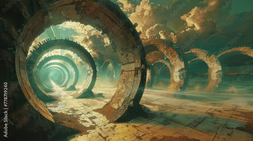 Poster a futuristic scene with a large, circular structure in the center. the structure is surrounded by sm