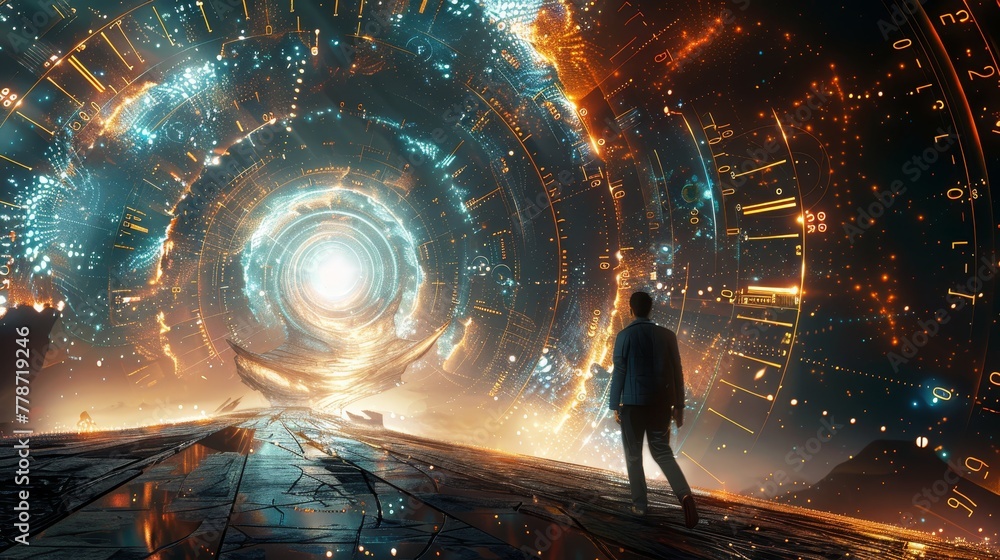 Poster a man stands in front of a large, glowing tunnel. the tunnel is filled with bright colors and patter