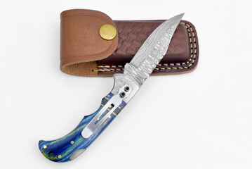 Damascus Pocket Knife for Men with Blue Handle Solid Steel Handmade Folding Hunting Knives with...