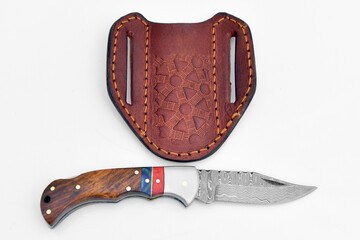DAMASCUS CAMPING KNIFE, HUNTING KNIFE AND LEATHER POUCH WITH BELT LOOPS - obrazy, fototapety, plakaty