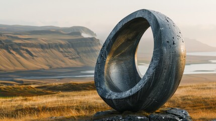 A large black stone sculpture sits on a hillside overlooking a lake. The sculpture is circular in shape and he is made of concrete. Concept of tranquility and serenity - obrazy, fototapety, plakaty
