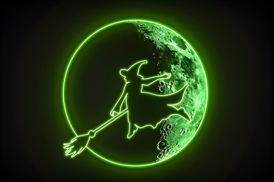 Neon illustration of a witch flying under a full moon isotated on black background.