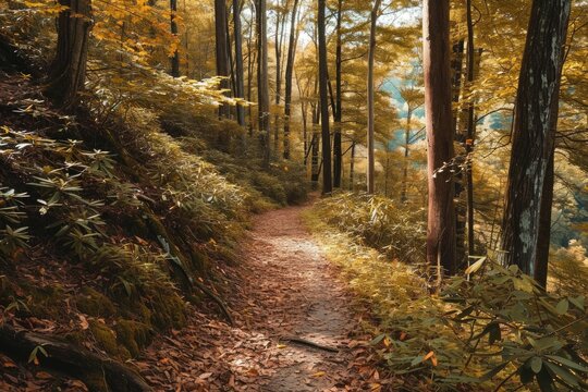 An autumn forest,, A scenic hiking trail winding through an autumn forest, AI generated