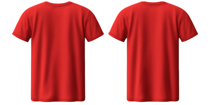 Set of red tee t shirt round neck front, back and side view on transparent background. Mockup template for artwork