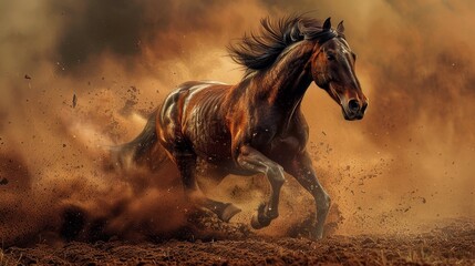 A horse is running through a dusty field. The horse is brown and black, and its mane is flowing in the wind. The scene is dynamic and full of energy, as the horse appears to be in motion