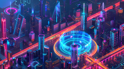 A dynamic and futuristic digital illustration of an isometric cityscape