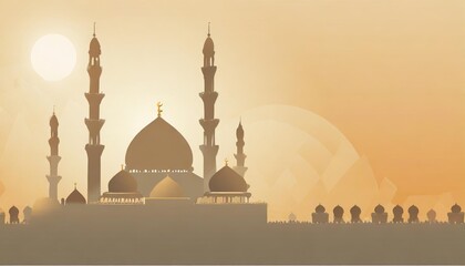 vector illustration of an islamic skyline at sunset with mosque domes and minarets
