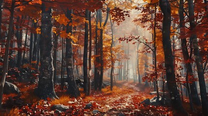 A dense forest with vibrant autumn colors painting the trees