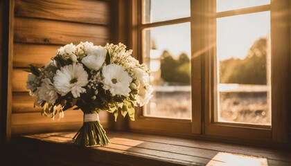 a bouquet of white flowers sitting on top of a window sill in front of a wooden paneled wall - Powered by Adobe
