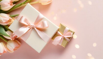 greeting card with two gift boxes with pink ribbon bows top view with space for your greetings on pink background spring holiday present valentine mother father day