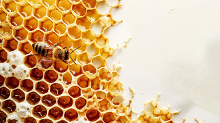 A bee on a honeycomb at work, showcasing the intricate patterns of the hive. - obrazy, fototapety, plakaty