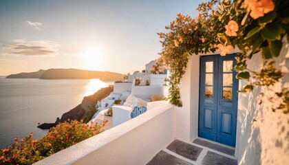 mediterranean style white elegant house exterior with sea view blue door and blooming plant...