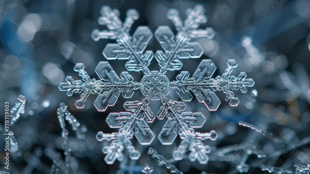 Poster a snowflake is captured in a close up shot, with its intricate details visible. concept of wonder an