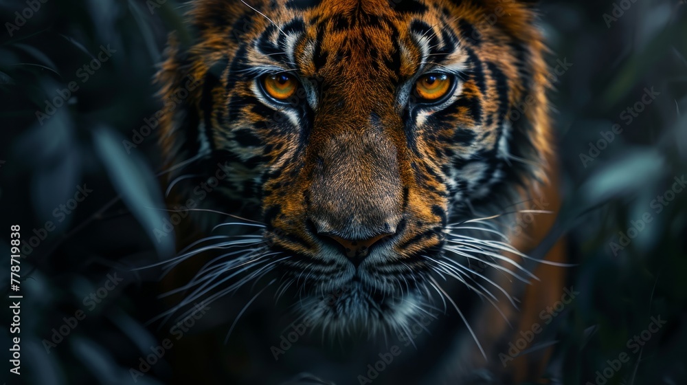 Poster a tiger is staring at the camera with its eyes wide open. the image has a dark and moody atmosphere,