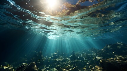 Underwater view of the sunbeams breaking through the water surface, Underwater Ocean Blue Abyss With Sunlight Diving And Scuba Background. - obrazy, fototapety, plakaty