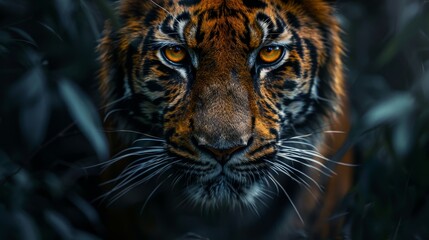 A tiger is staring at the camera with its eyes wide open. The image has a dark and moody atmosphere, with the tiger's eyes being the focal point of the scene