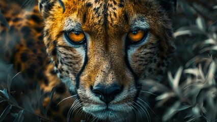 A cheetah with a yellow eye staring at the camera. The image has a mood of curiosity and intrigue - obrazy, fototapety, plakaty
