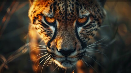 Obraz premium A close up of a tiger's face with its eyes open and looking at the camera. The tiger's fur is orange and black, and its eyes are yellow. Concept of curiosity and alertness