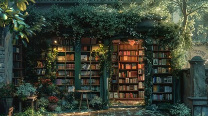 A book store with a green roof and a green door. The inside of the store is filled with books and plants